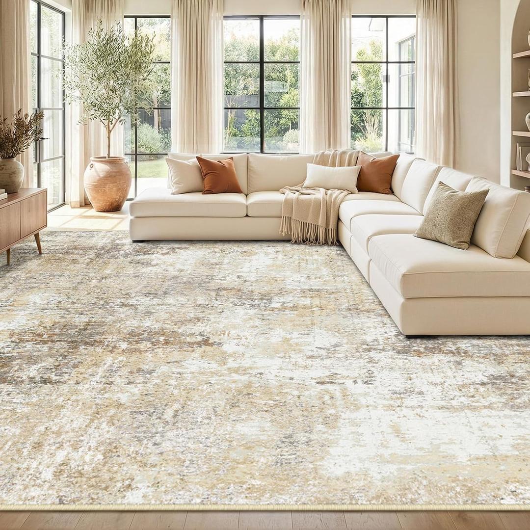 RELEANY Washable Area Rugs 9'x12' Non-Slip Modern Abstract Soft for Living Room Entryway Bedroom Nursery, Print Pattern, Neutral Brown Gray