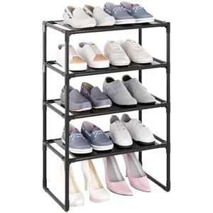 MUAHRCE 5-Tier Small Shoe Rack for Closet and Entryway, Narrow Shoe Shelf Organizer,Stackble Shoe Stand,Non-Woven Fabric Metal Free Standing Shoe Racks (Black, 18" W x 9.9" D x 28.6" H)