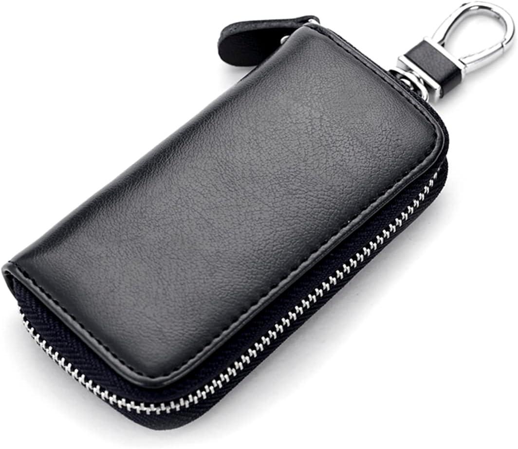 WESTONETEK Unisex Mens Womens Premium Leather Car Key Holder Bag Keychain Case Wallet with 6 Hooks Zipper Closure (Black)