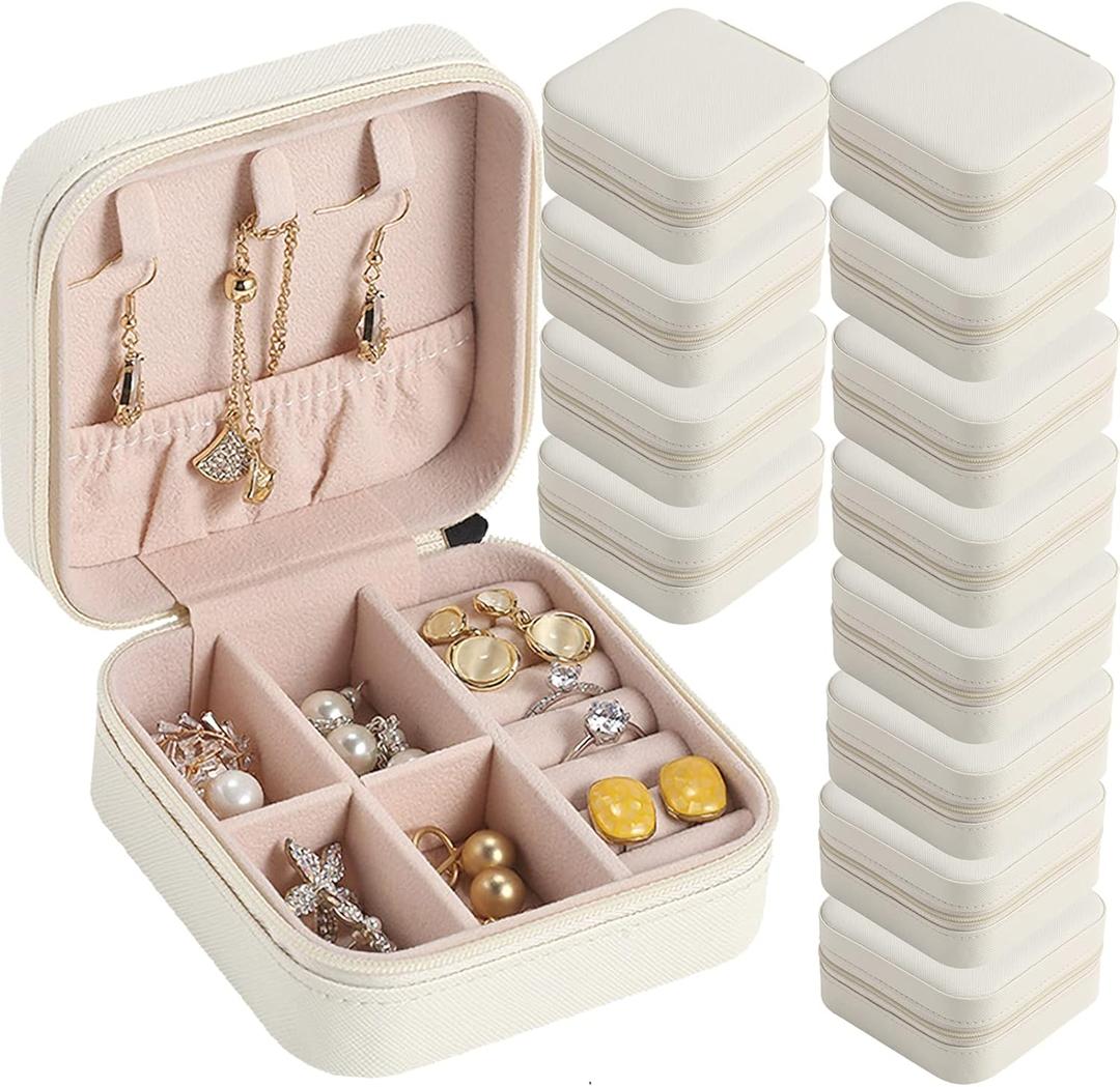 Travel Jewelry Case Bridesmaid Gifts Box,12 Pack Small Jewelry Box Mini Jewelry Organizer,PU Leather Portable Earring Storage Box for Women Girls Bridesmaid Proposal Gifts (White)