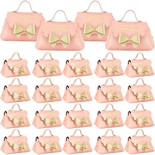Dandat 24 Pcs PU Leather Bowknot Gift Boxes 5x3 Inch Reusable Candy Favor Bags with Handles, Elegant Mini Handbag Purse for Wedding, Birthday, Party Favors(Pink)
