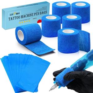 2 x 200PCS Tattoo Pen Covers with 6PCS Tattoo Grip Tapes,Blue Tattoo Machine Wraps Covers with Tattoo Pen Sleeves Bags Set for Tattoo Artist Tattoo Supplies