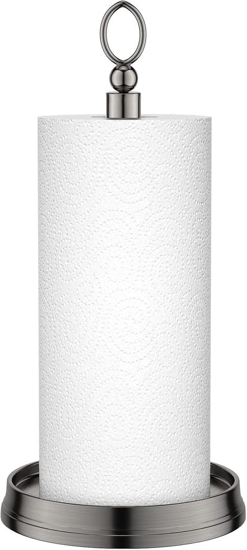 KASUNTO Paper Towel Holder With Heavy Weighted Base - Steel Countertop Stand for Kitchen, Bars & Dining Tables - Fits Standard & Jumbo Rolls - Brushed Nickel