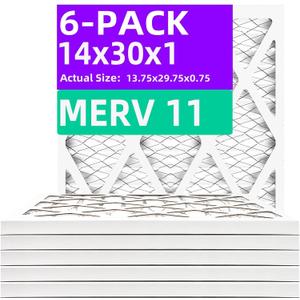 14x30x1 MERV 11 (6-Pack) MERV 11 Pleated Air Filter (Actual Size: 13.75"x29.75"x0.75") MPR 1200 & FPR 7, Furnace Air Filters