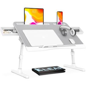 KLEAR Foldable Laptop Bed Tray Desk with Extral Drawstring Bag, Adjustable Bed Table with Heights and Angles, Lap Desk for Eating, Working, Writing, Gaming, Drawing with 2 Drawers(Grey) (Gray)
