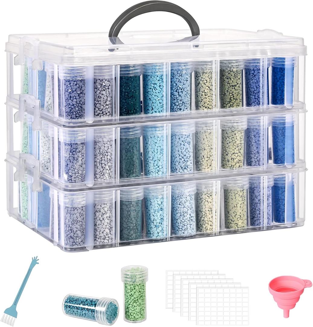 Diamond Painting Storage Container, 3-Tier Bead Organizer Box with 150 Slots, Stackable Crafts Organizers for DIY Diamond Art Craft Jewelry Bead Storage