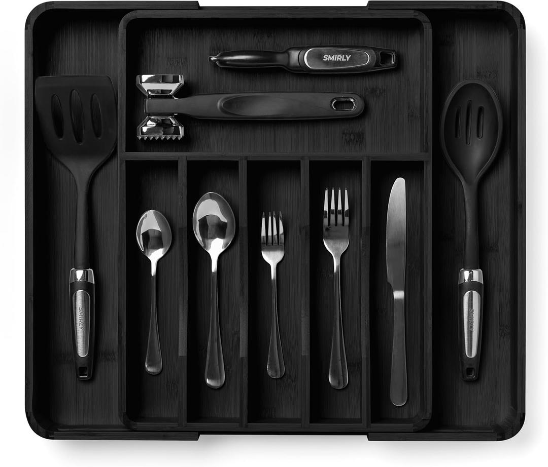 SMIRLY Silverware Drawer Organizer  Bamboo Kitchen Drawer Organizer, Adjustable Utensil Holder and Cutlery Tray, Drawer Dividers for Flatware and Kitchen Utensils (8 Slot, Black)