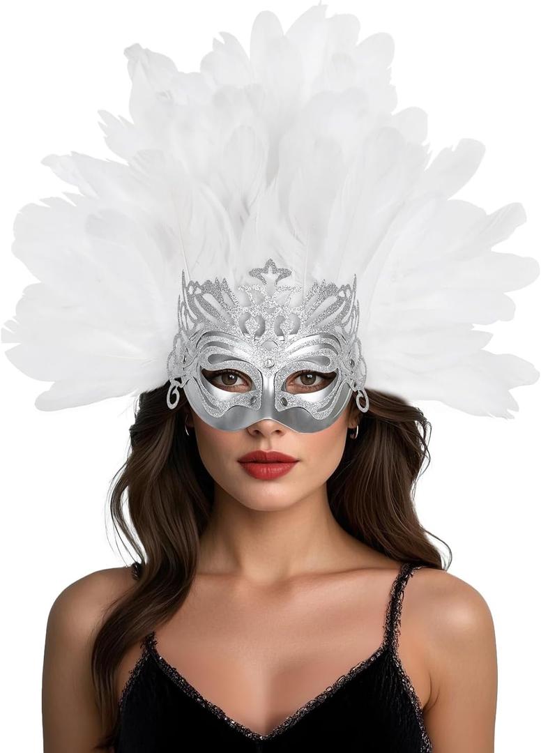 UQJE Venetian Feather Headpiece Mask for Women Luxury Feather Headwear Masquerade Mask for Halloween, Mardi Gras -White