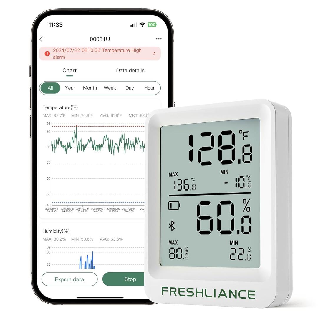 Freshliance Bluetooth Temperature Humidity Data Logger Recorder, Refrigerator Freezer Thermometer Hygrometer, Digital Remotely Temperature Humidity Monitor with Smart APP Data Analysis, BlueTag TH20 (1 PACK)