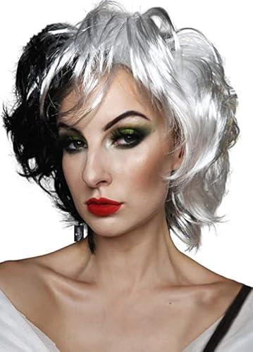 ALLAURA Wigs Cruella Costume Wig Black White Dalmation Cosplay Wigs Fits Women Peluca Cruella Devil Mujer