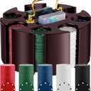 Wettarn Poker Chips Poker Set, 200 Count Rotating Chip Case Wood Carousel Case Holder with 200 Pcs Chips and 2 Decks of Playing Cards for Casino Party Supplies Family Game Accessory