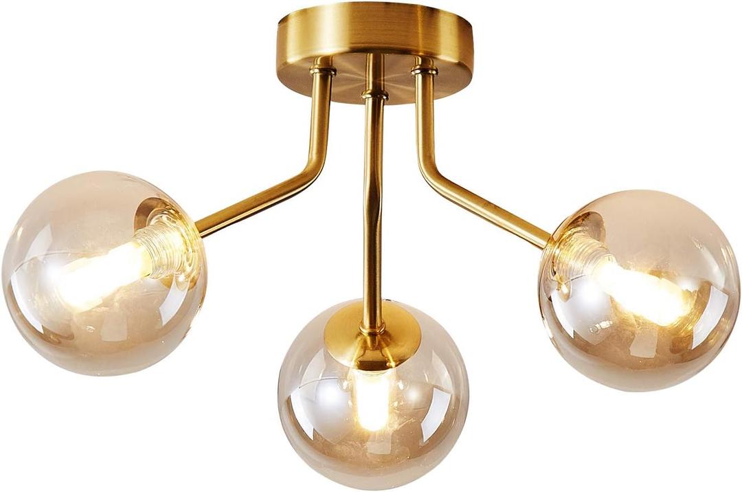 Modern Sputnik Chandeliers 3 Light Gold Semi Flush Mount Ceiling Light Fixture Pendant Lamps Bulbs with Glass Globe Lighting for Bedroom Kitchen Dining Room Office