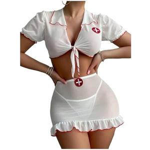 Milumia Women's 3 Piece Nurse Lingerie Set Sexy See Through Costume Outfit With Thong Large