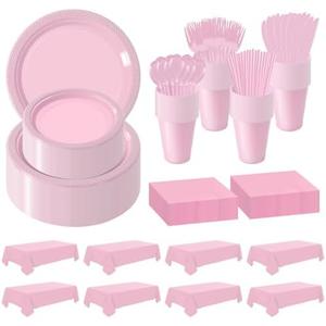 Disposable Plastic Dinnerware Set-968PCS Plastic Plates Set Includes 120 Of Each Dinner ＆ Dessert Plates, Cups, straws, Spoons, Forks & Knives for Party (Pink, 968PCS（120 Guests）)