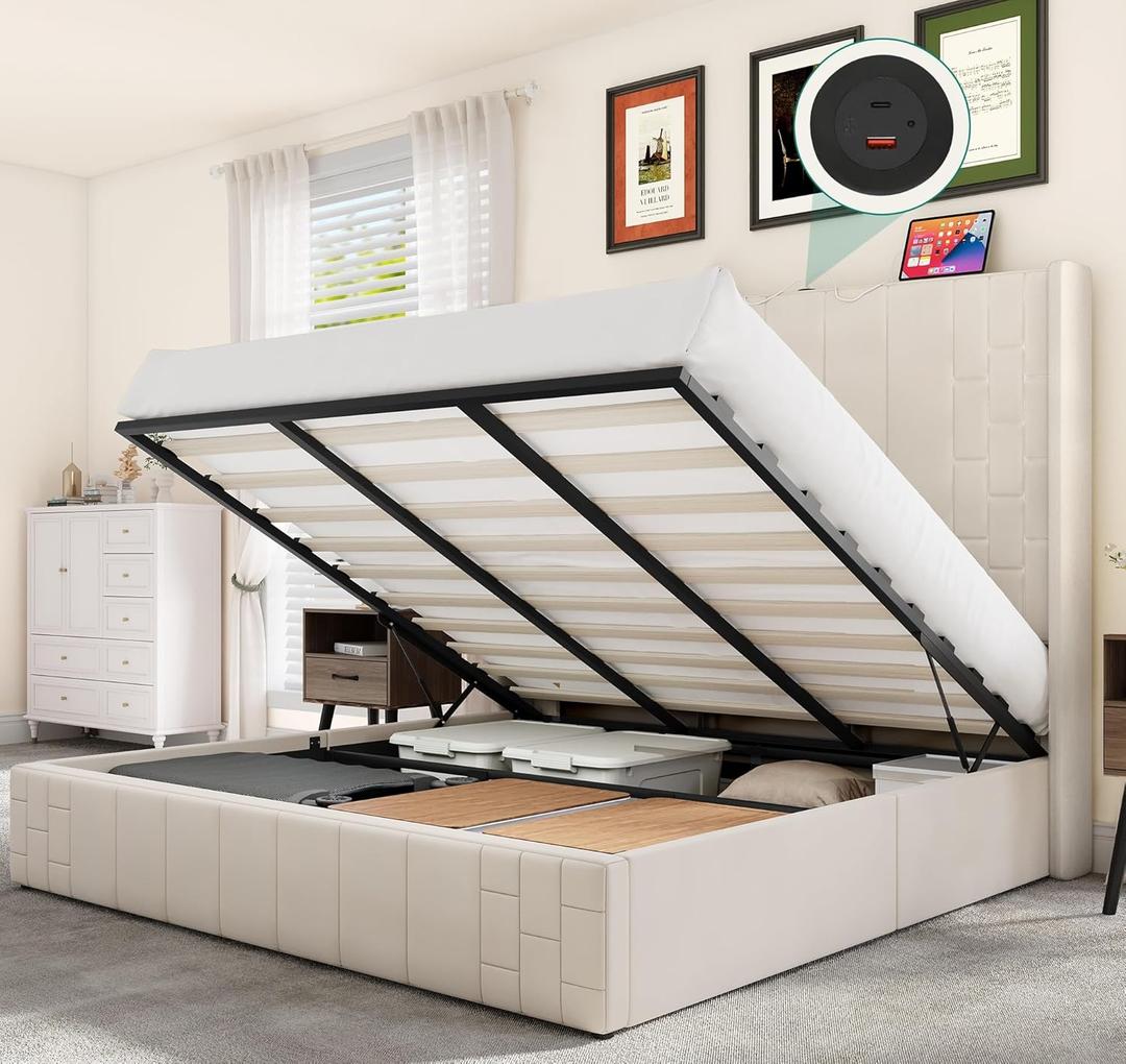 YITAHOME King Size Lift Up Storage Bed Frame with Type-C & USB Charging Port, Modern Wingback Upholstered Platform Bed with 49.21 "Tall Headboard/Hydraulic Storage/No Box Spring Needed, Beige