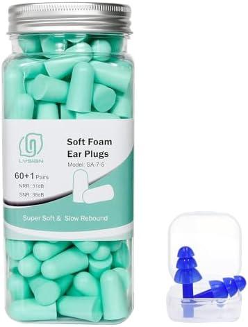 LYSIAN Ultra Soft Foam Earplugs for Sleep - 38dB Noise Cancelling Ear Plugs Perfect for Work, Travel & Shooting. Soundproof & Noise Reduction - 60 Pairs Value Pack (Water Blue)