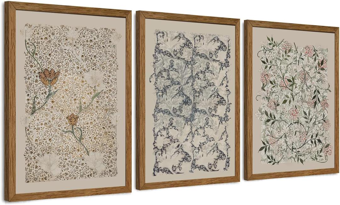 Krtoni 3PCS Framed Vintage William Morris Wall Art, Neutral Abstract Floral Canvas Artwork Prints, Rustic Boho Farmhouse Flower Botanical Picture Paintings for Living Room Bedroom Office 12W x16H