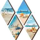 Geelin 4 Pcs Ocean Beach Style Bathroom Wall Decor Wood Relax Soak Unwind Breathe Coastal Wall Art with Hook Summer Blue Ocean Beach Seashell Starfish Bathroom Wooden Hanging Sign for Laundry (Diamond Shape)