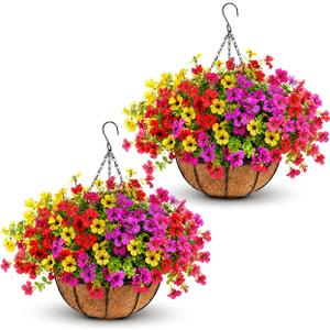 Geegoods 2 Set Artificial Hanging Flowers for Outdoors, UV-Resistant Fake Hanging Baskets, Realistic Hanging Planters for Outdoor Plants for Patio Porch Balcony Yard Decor
