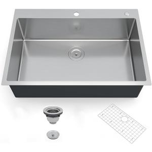 30 Inch Drop-in Kitchen Sink, Stainless Steel Single Bowl Flush Rim, 2.0cm Edge & 1.0mm Wall, Brushed Bottom Grid and Drain Assembly, 30x22x10 Inch