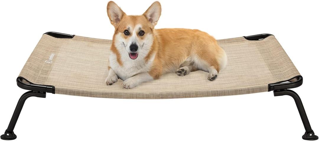 Veehoo Elevated Raised Dog Cot Beds, Curved Outdoor Dog Bed Elevated Dog Bed Off Ground Lifted Hammock Indoor Pet Bed with Breathable Teslin Mesh for Indoor Outdoor, up to 100lbs, Beige 32"