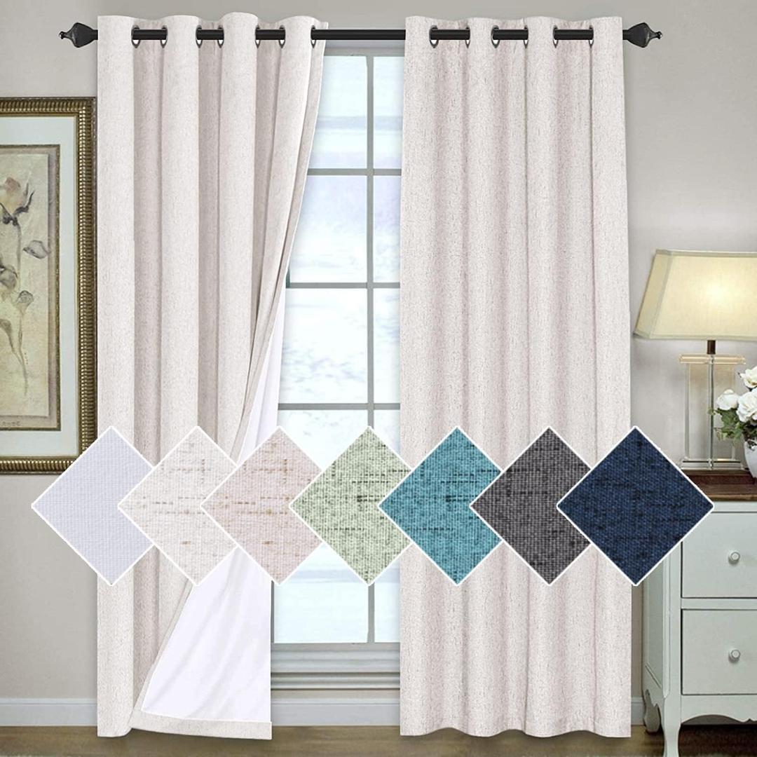 H.VERSAILTEX 100% Blackout Curtains for Bedroom 96 Inches Long Grommet Linen Face Full Light Blocking Curtain Drapes for Living Room Thermal Insulated Linen Look Curtains 2 Panels Set, Ivory