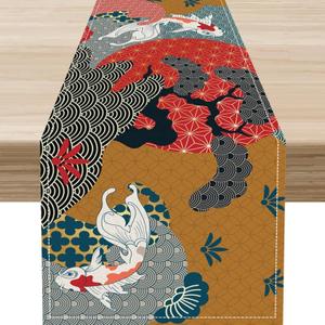 Japanese Table Runner, Asian Oriental Crane Koi Cherry Blossom Floral Brown Ocean Waves Branch Clouds Print Table Runner for Wedding Banquet Party Kitchen Dining Decor, 13x90 Inch (Fsh-08)