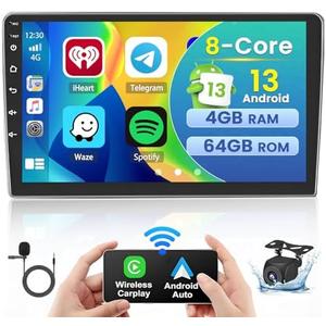 【8 Core 4+64GB】 10.1 Inch Wireless Carplay Android Auto Double Din Car Stereo Touchscreen Car Radio Head Unit GPS WiFi 5.0 Bluetooth 32EQ DSP SWC Mic Backup Cam