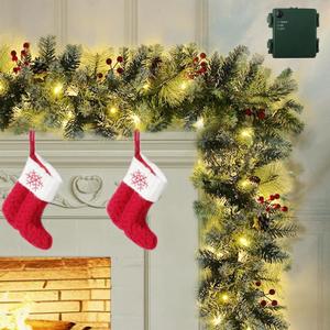 9 FT Christmas Garland with Lights, Pre-lit Xmas Garland Battery Operated Lighted with Timers Pine Cone Berrirs Lush Branches,Christmas Garlands Decoration for Mantle Stair Fireplace Indoor Outdoor