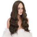 FESHFEN Long Medium Brown Wigs for Women, 24 inch Middle Parting Synthetic Wavy Wig for Daily Party