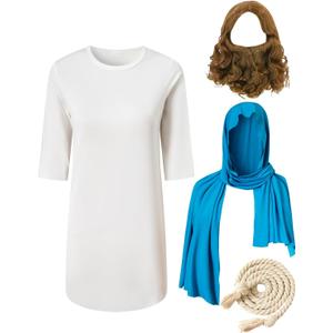 PROMOTED TO BIG SISTER Boys Jesus Saint Religious Biblical Robe Halloween Costume Wig Moustache Scarf Shawl Waist Rope Set (9-10 Years, Blue)