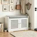 RASOO Shoe Storage Benches White Shoe Rack Bench with 2 Doors & Padded Seat Cushion in Grey Shoe Cabinet Shoe Entryway Bench with Shoe Organizer