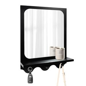 Snazzify 16x12 Inch Wall-Mounted Mirror with Shelf and Hooks, White Decorative Entryway Mirror with Storage for Hallway, Bathroom, or Bedroom - 4in Shelf Width, Black