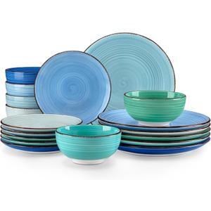 Vancasso Bonita Plates and Bowls Sets 18 Pieces Blue Stoneware Service for 6, Modern Round Dinnerware Sets, Hand-Painted Spiral Dishes Set-Microwave and Dishwasher Safe (Blue,18 Pcs)