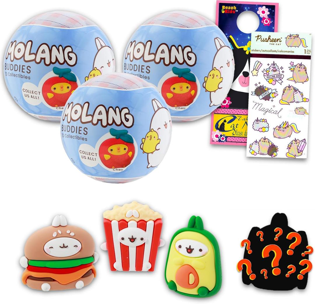 Molang Blind Ball Party Favors 3 Pack  Bundle with 3 Mini Figurine Blind Balls Plus Stickers, More | Molang Mystery Figure for Kids, Teens