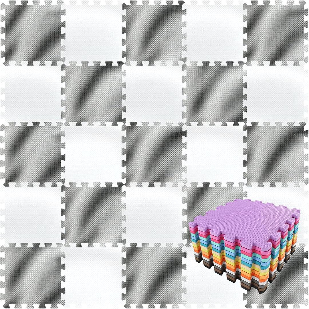 qqpp EVA Rubber 18 Tiles Interlocking Puzzle Foam Floor Mats - Baby Play Mat for Playing | Exercise Mat for Home Workout. White, Gray. QC-ALb18N