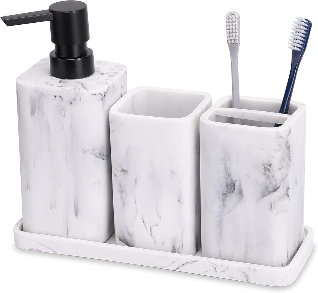ZCCZ Bathroom Accessory Sets, 4 Pieces Bathroom Accessories Complete Set Vanity Countertop Accessory Set with Marble Look, Includes Lotion Dispenser Soap Pump, Tumbler, Toothbrush Holder and Tray