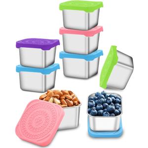 Snack Containers, [8 Pack-6 oz] Stainless Steel Snack Containers, Easy Open Square Dressing Container with Leak Proof Silicone Lids, Stackable Metal Lunch Box Great for Lunch to Go