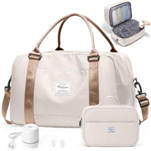Vacuum Travel Bag for Women with Air Pump, Personal Item Carry on Bags with Seal Compression Pocket for Airlines, Weekender Overnight Bag for Women with Toiletry BagBeige & Brown