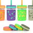 Sursip Toddler Glass Cups with Straw, Spill-Proof Kids Mason Jar Food Storage with Lids, Sippy Cups for Drinks, Smoothies, Snacks, Milk Cup [4 Pack] 8 oz 2-in-1 (Dog/Cosmic Dino/Jungle Dino/Ocean Realm)