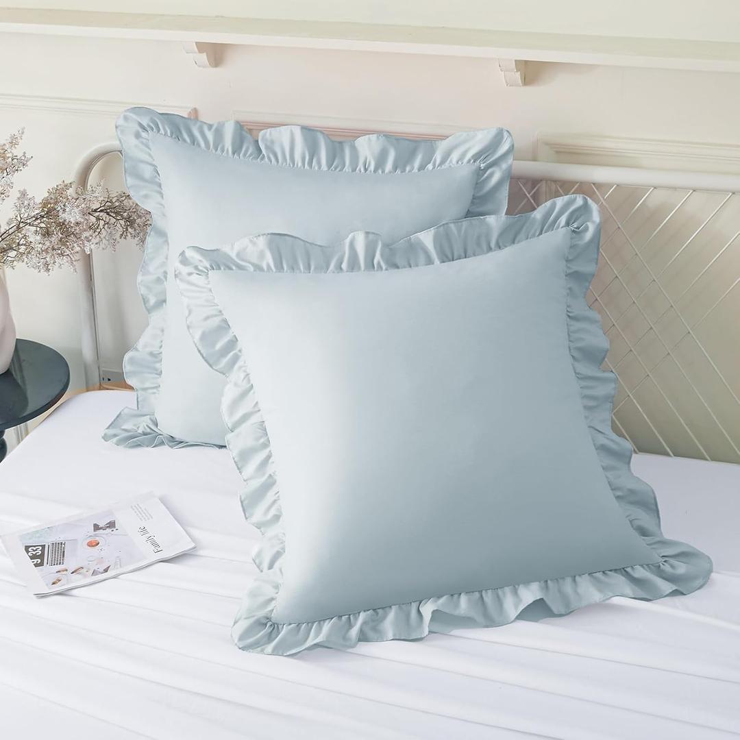 KKJIAF Ruffle Pillow Cases 24x24 Inches, Dusty Blue Square Ruffled Pillow Covers Set of 2, Microfiber Wrinkle Resistant Pillow Shams with Envelope Closure for Sofa Bed Living Room
