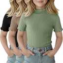 2 x 3 Pack Girls Shirts Short Sleeve Mock Turtleneck Cotton Cute Lettuce Trim Summer Tops 13-14Y Kids Clothes