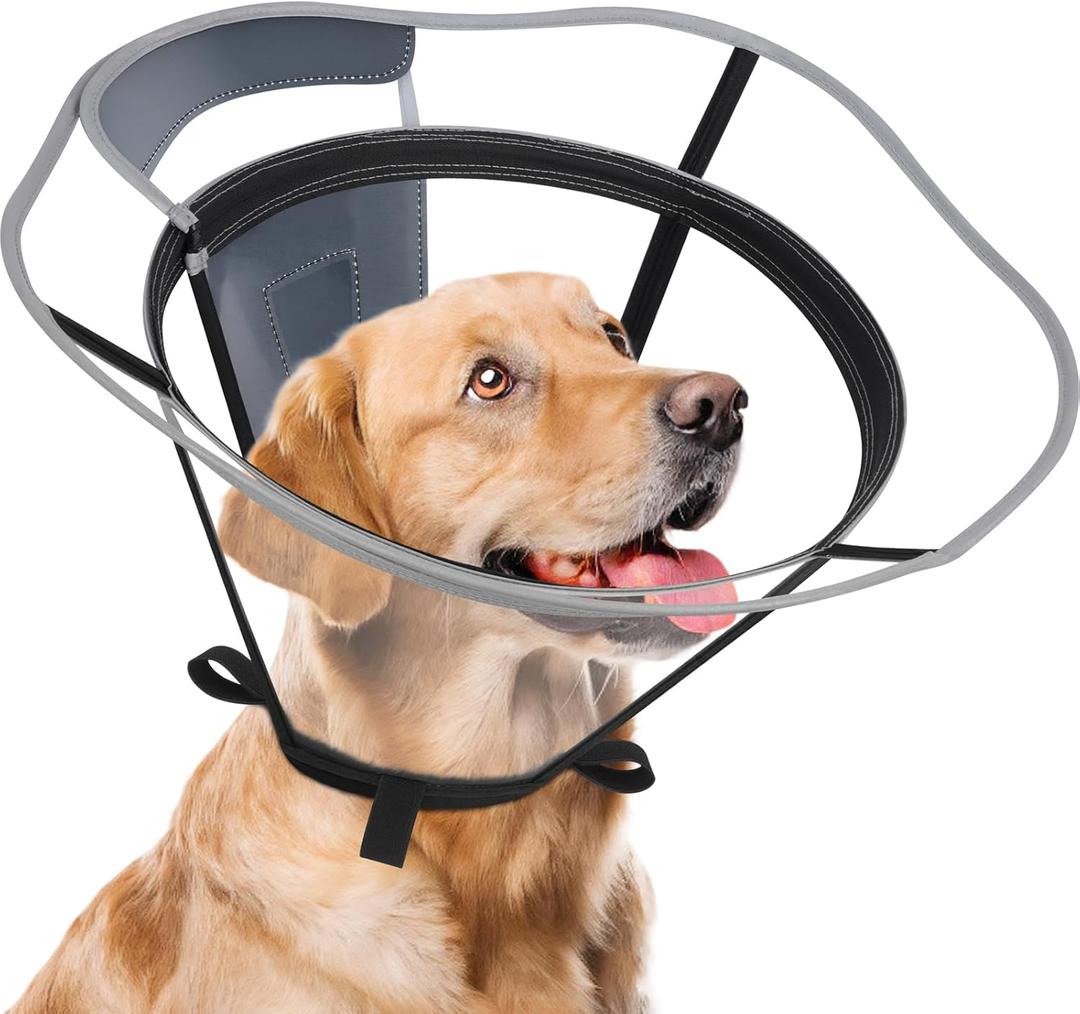 Extended Dog Cone to Stop Licking, Adjustable Depth, Transparent Recovery Collar for Large Medium Dogs, Soft E-Collar After Surgery Neuter with Reflective Strip for Night Visibility M