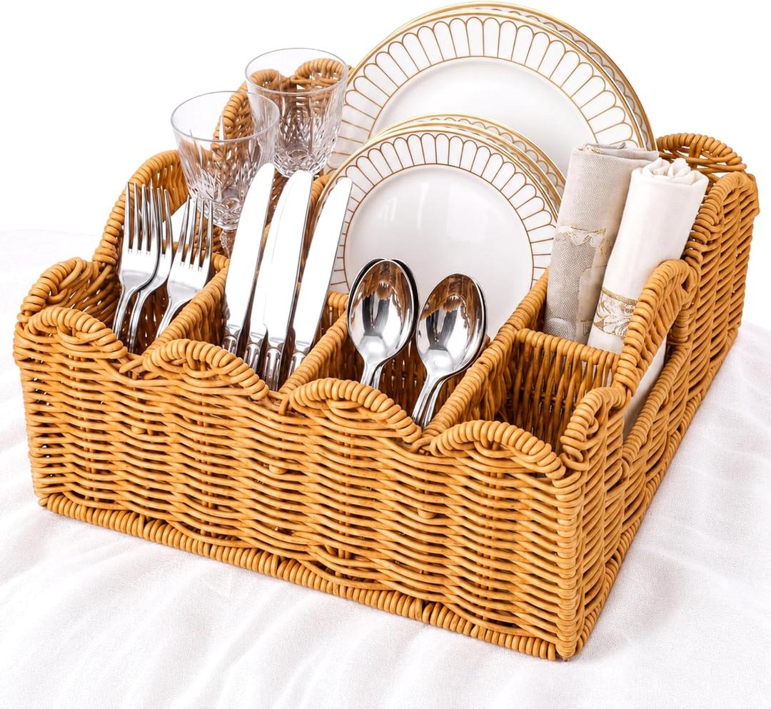 Hushee Wicker Utensil Caddy for Party, Silverware Caddy Paper Plate Holders 6 Compartment Scalloped Square Woven Cutlery Dispenser for Kitchen Countertop Outdoor Entertaining Picnic Buffet Coffee Bar