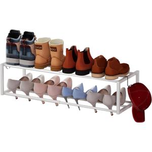 Expandable Wall Mounted Shoe Rack, 17"-31" Adjustable Hanging Shoe Rack Holds 8 Pairs, Heavy Duty Metal Shoe Holder with 2 Storage Hooks, Space Saving for Entryway Closet DoorwayWhite (1PACK)