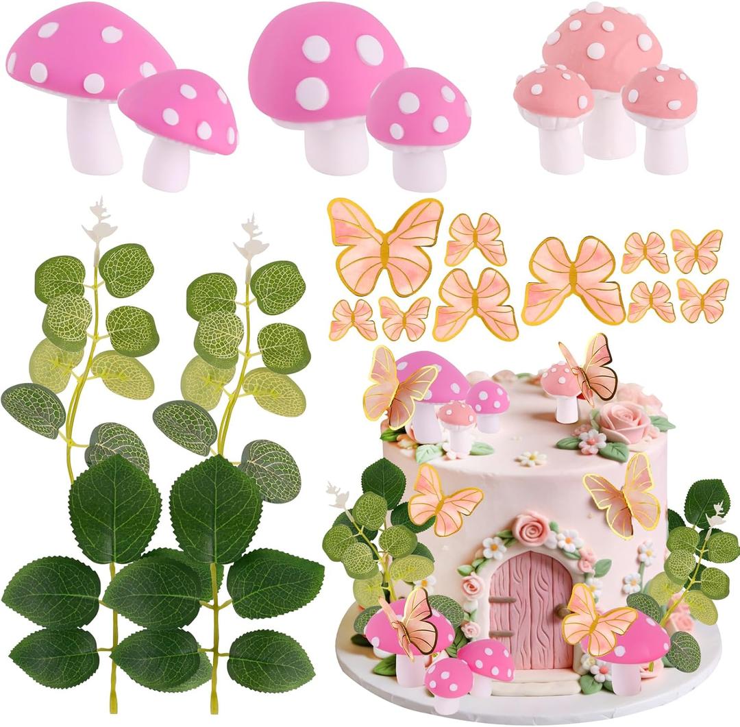 Fairy Cake Toppers Pink Mushroom Butterfly Leaf Fairy Garden Cake Cupcake Topper Decorations for Fairy Girl Theme Party