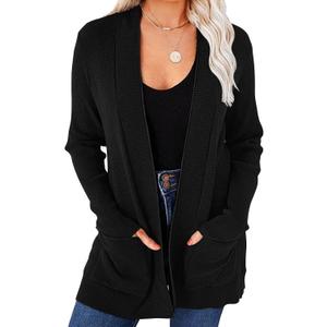 MEROKEETY Women's 2025 Fall Open Front Waffle Knit Cardigan Long Sleeve Cozy Knit Sweaters with Pockets, Black, Medium