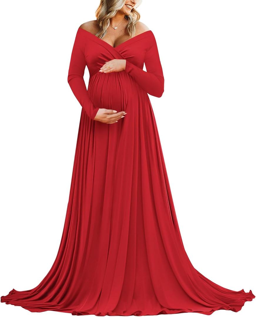 Saslax Maternity Off Shoulders Half Circle Gown for Baby Shower Photo Props Dress (Large, N-red 83)