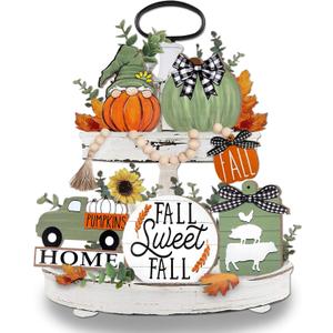 Fall Tiered Tray Decor, Green Farmhouse Pumpkin Tray Decorations, Gnome Truck Buffalo Plaid Wooden Signs Bead Garland, Rustic Thanksgiving Harvest Autumn Decorations for Home Table Shelf