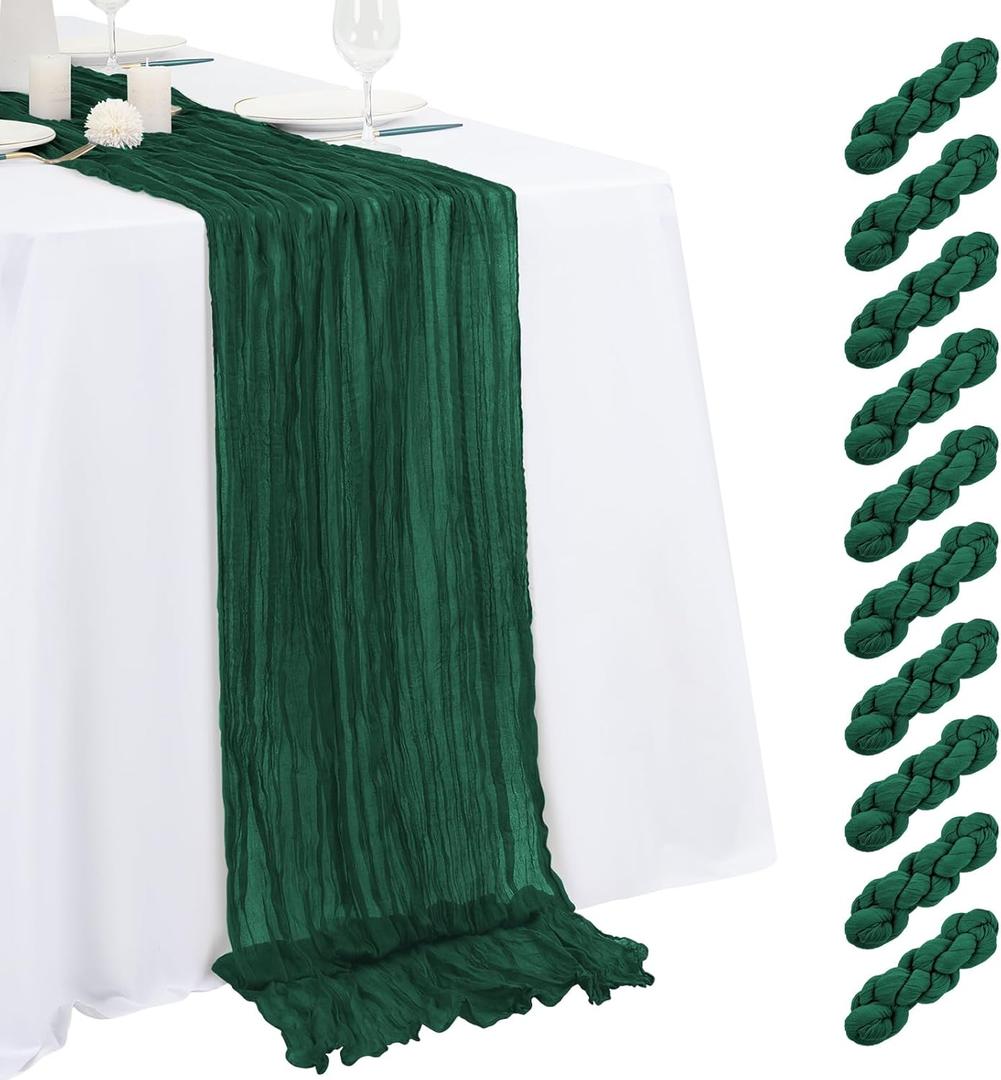 10 Pack Emerald Green Cheesecloth Table Runner 17x108 Inch Semi Sheer Boho Gauze Cheese Cloth Table Runners, for Wedding Bridal Shower Birthday Party Home Decor Garden Farmhouse